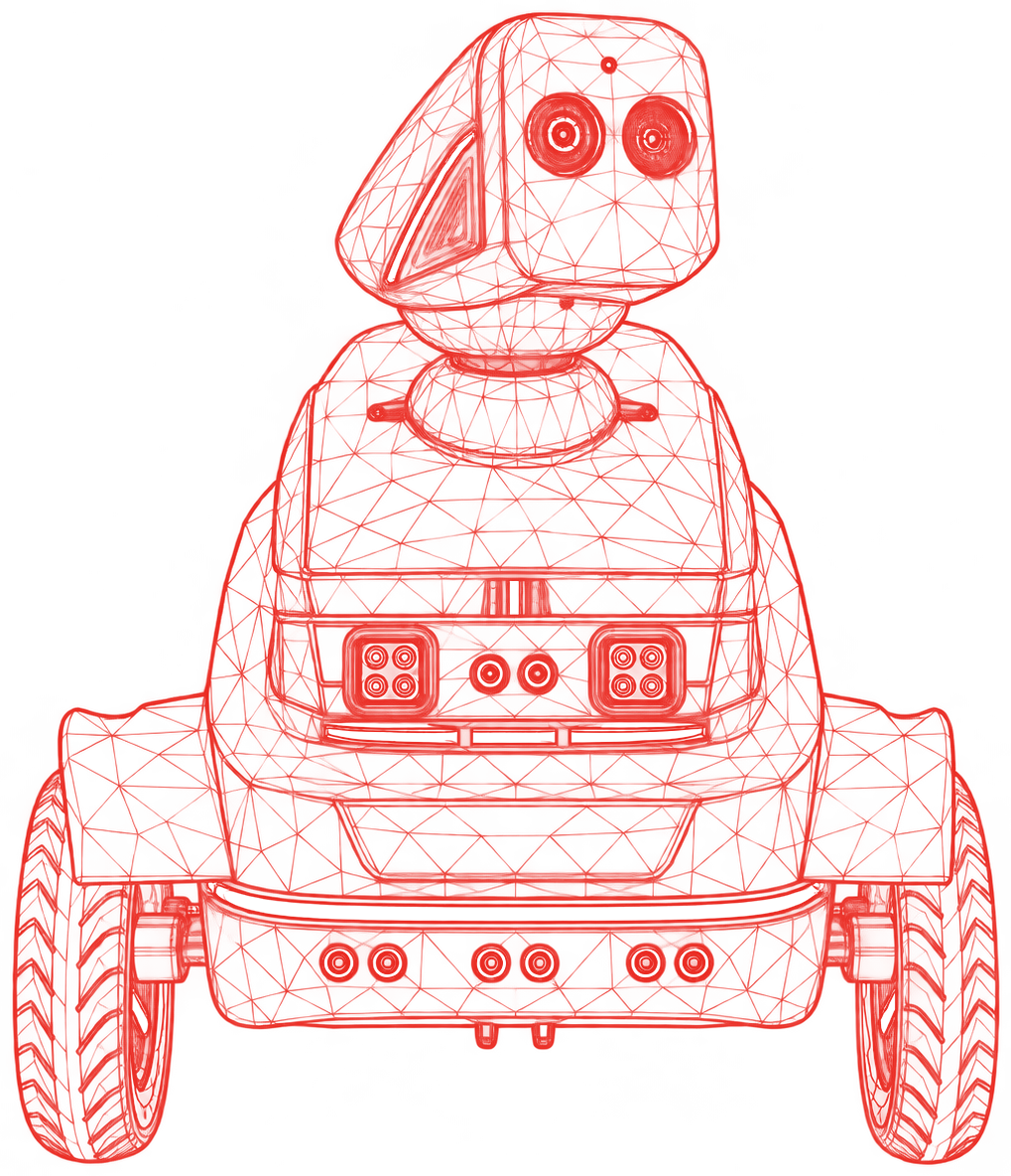 Wireframe illustration of a patrol and cleaning robot, in red