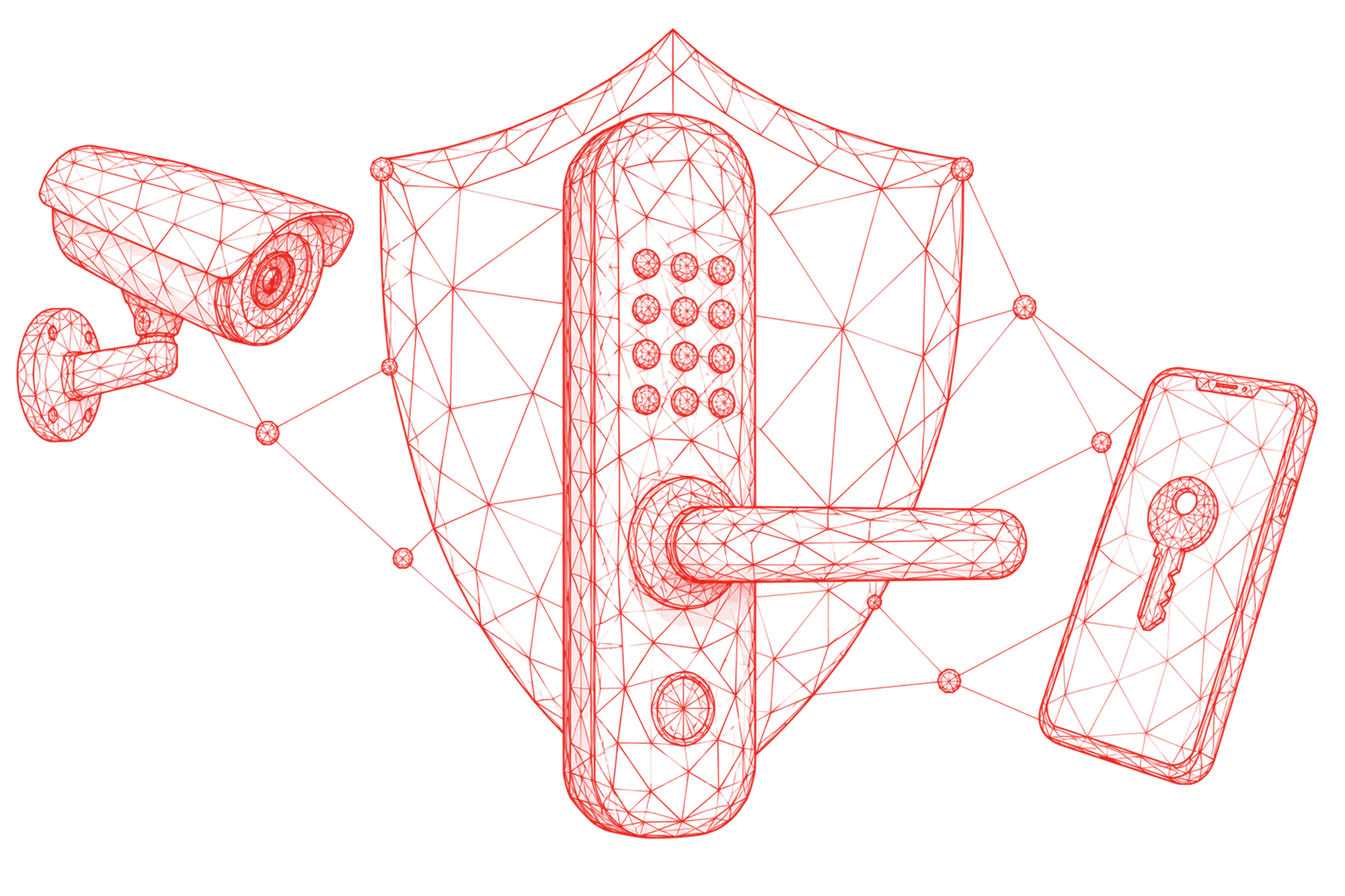 Wireframe illustration of a smart door lock, protective shield, security camera and phone key, in red